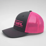 Black and pink cap with 'GIRL' logo on a light gray background