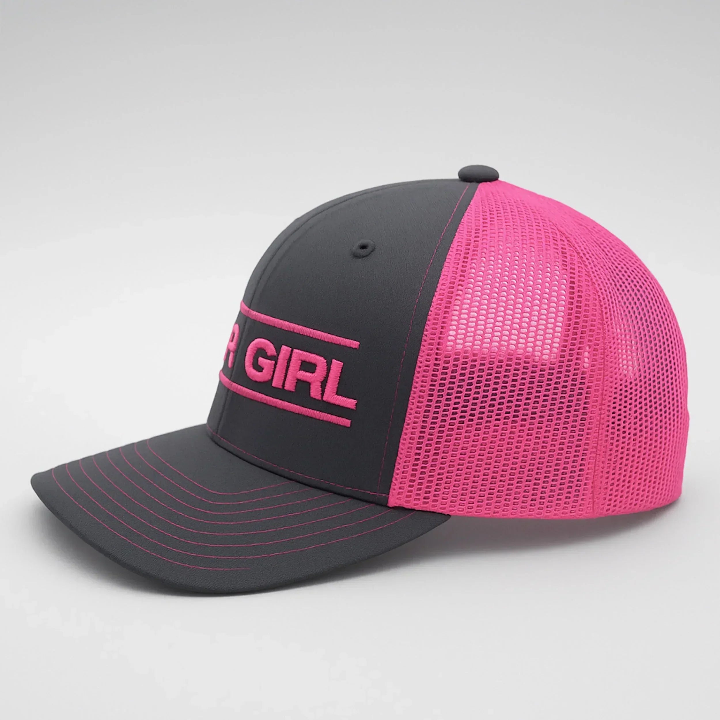 Black and pink cap with 'GIRL' logo on a light gray background