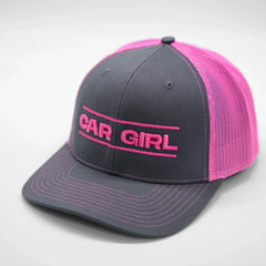 Gray and pink cap with 'CAR GIRL' text on a white background