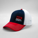 3 pedal society hat in red and blue