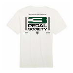 White t-shirt with 'Pedal Society' logo on a white background