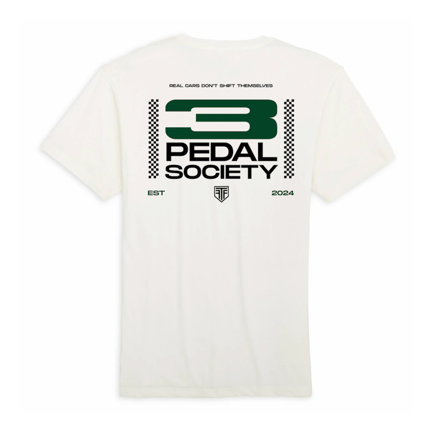 White t-shirt with 'Pedal Society' logo on a white background