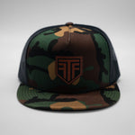 Camouflage cap with a logo on a white background