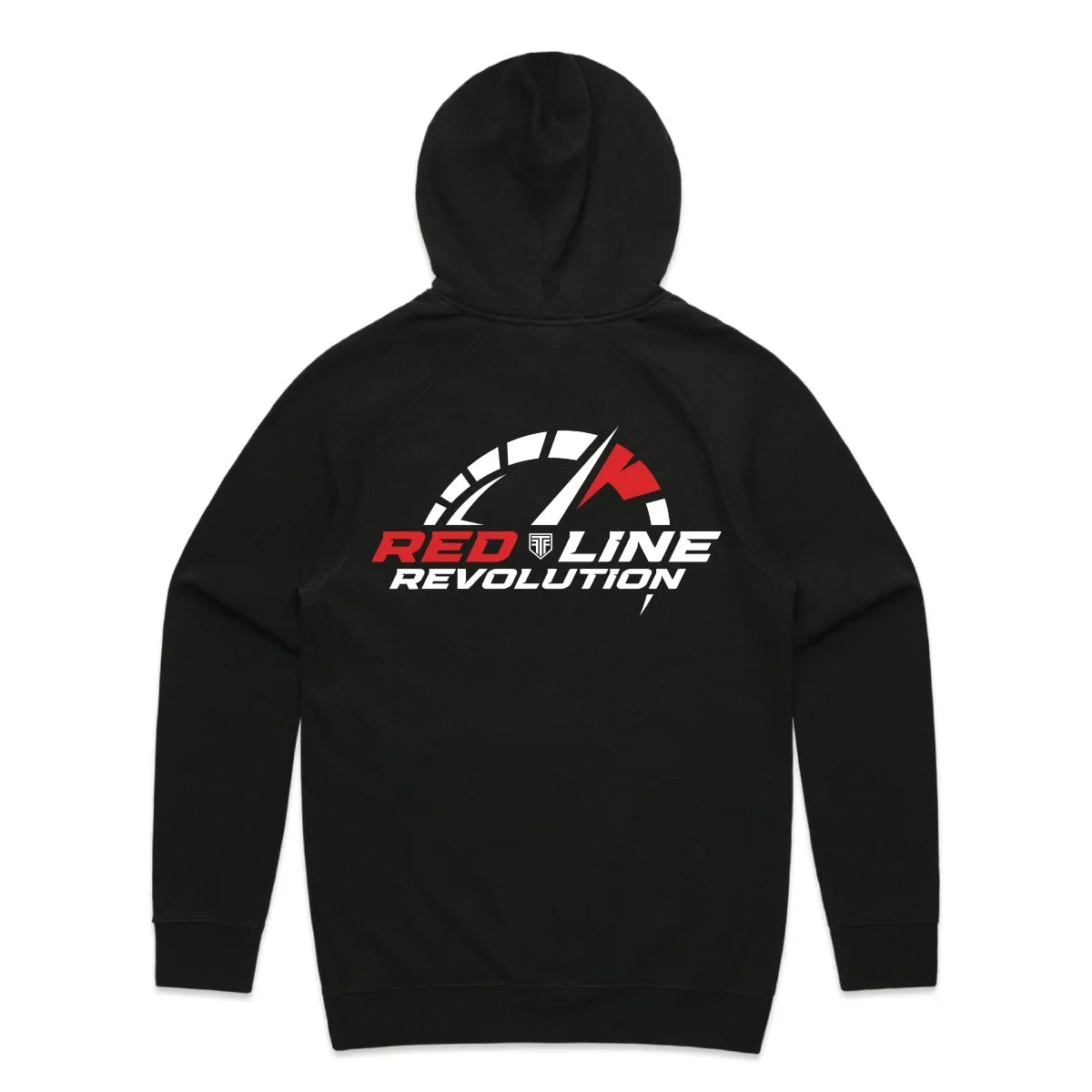 A black pullover hoodie shown from the back, featuring a 'RED LINE REVOLUTION' graphic printed on the center back in red, white, and black.