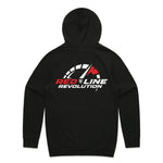 A black pullover hoodie shown from the back, featuring a 'RED LINE REVOLUTION' graphic printed on the center back in red, white, and black.