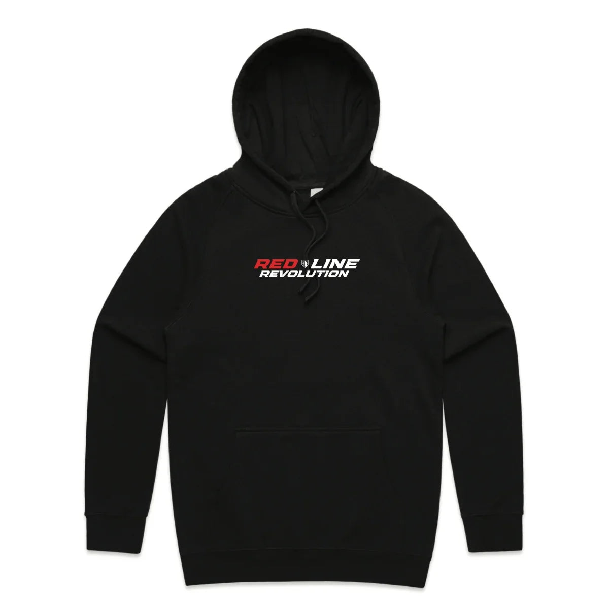 A black pullover hoodie with a front kangaroo pocket and a chest graphic reading 'RED LINE REVOLUTION' in red and white, shown on a plain white background.