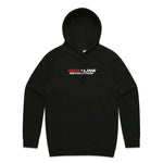 A black pullover hoodie with a front kangaroo pocket and a chest graphic reading 'RED LINE REVOLUTION' in red and white, shown on a plain white background.