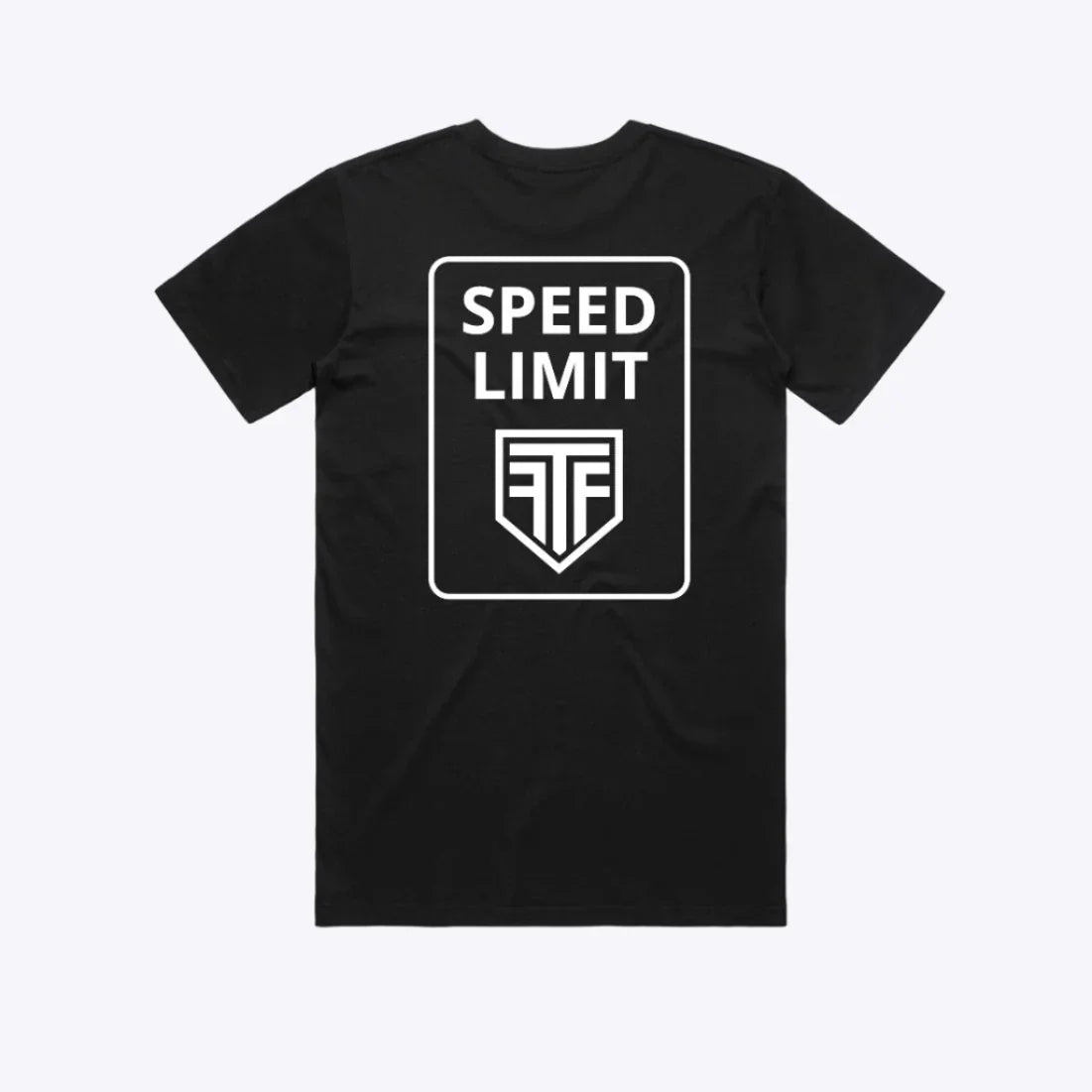 Black t-shirt with 'Speed Limit' and logo on a white background