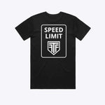 Black t-shirt with 'Speed Limit' and logo on a white background