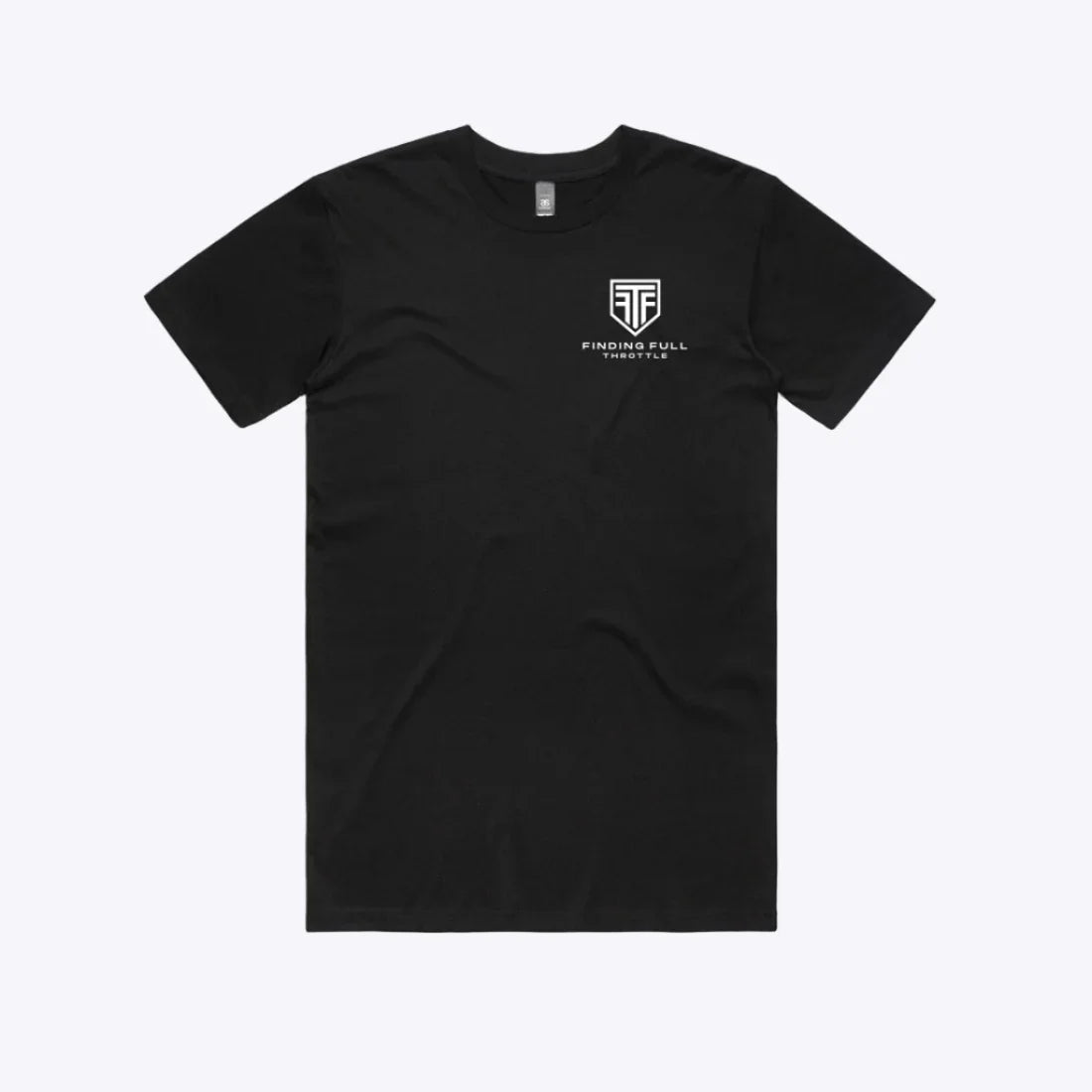 Black t-shirt with a logo on a white background