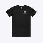 Black t-shirt with a logo on a white background