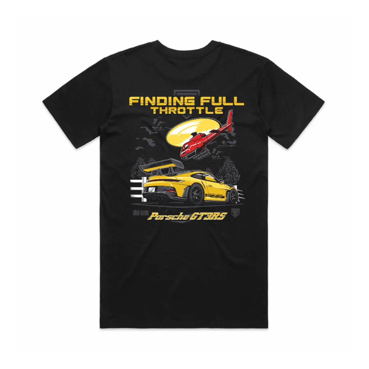 Black t-shirt with Porsche GT3 RS graphic and text on a white background