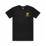Black t-shirt with a yellow logo on a white background