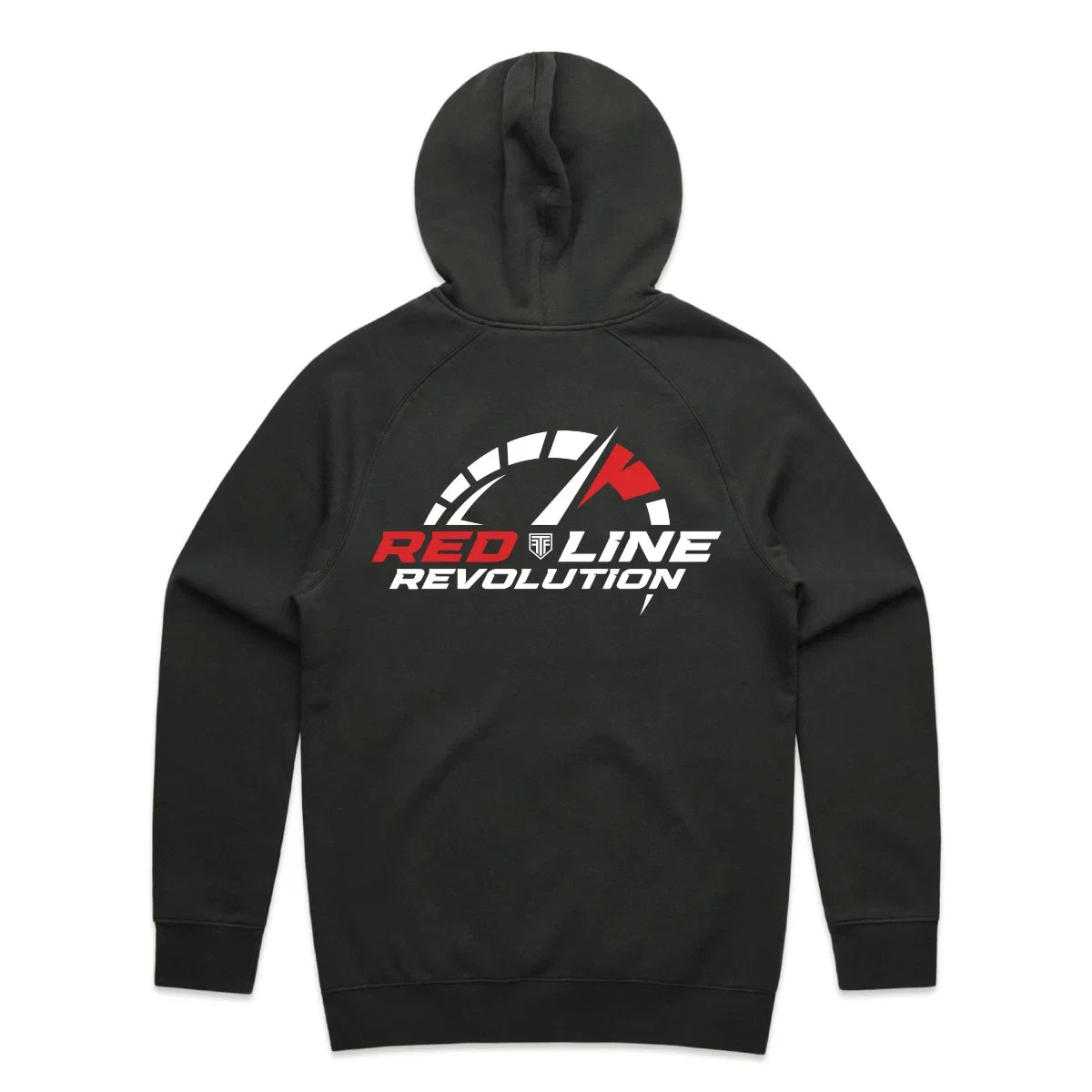 A black pullover hoodie shown from the back, featuring a large graphic print on the center back with the text 'RED LINE REVOLUTION' in red and white, alongside a stylized red and white logo.