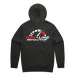 A black pullover hoodie shown from the back, featuring a large graphic print on the center back with the text 'RED LINE REVOLUTION' in red and white, alongside a stylized red and white logo.