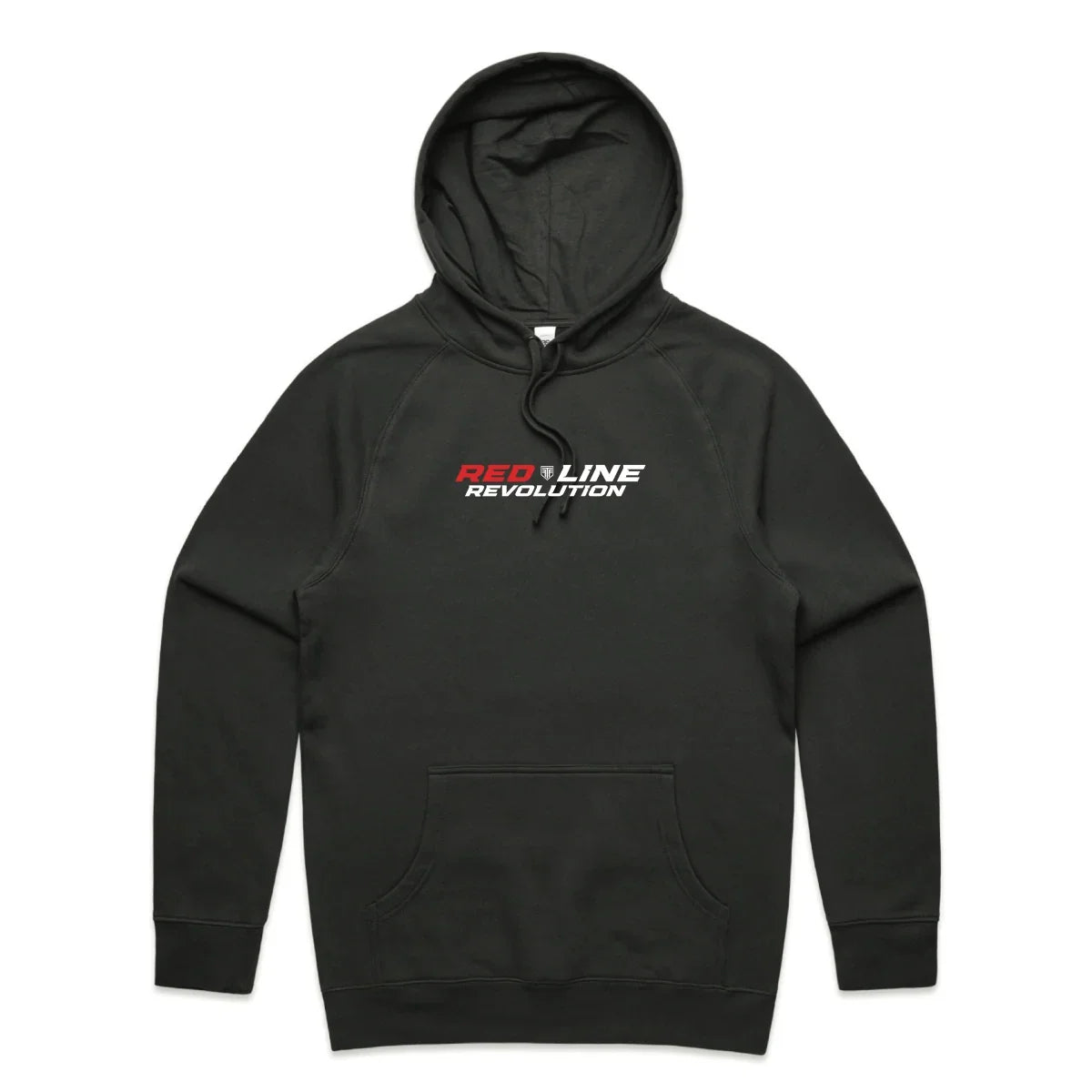 A black pullover hoodie with a kangaroo pocket and drawstring hood, featuring a 'RED LINE REVOLUTION' logo printed on the chest in red, white, and black, displayed on a clean white background.