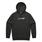 A black pullover hoodie with a kangaroo pocket and drawstring hood, featuring a 'RED LINE REVOLUTION' logo printed on the chest in red, white, and black, displayed on a clean white background.