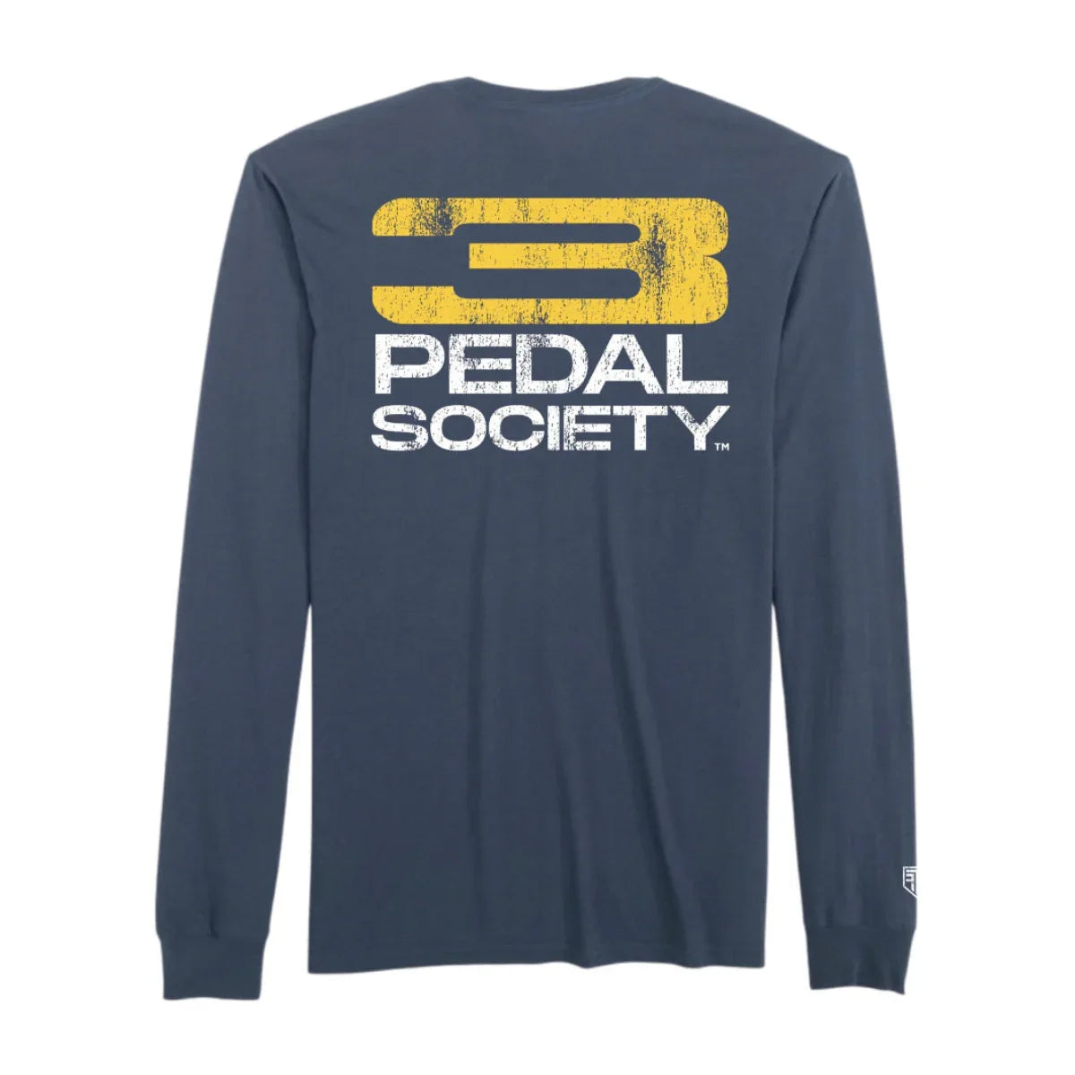 Navy long-sleeve shirt with 'Pedal Society' logo on the back against a white background