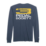 Navy long-sleeve shirt with 'Pedal Society' logo on the back against a white background