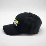 Black cap with a yellow logo on a white background