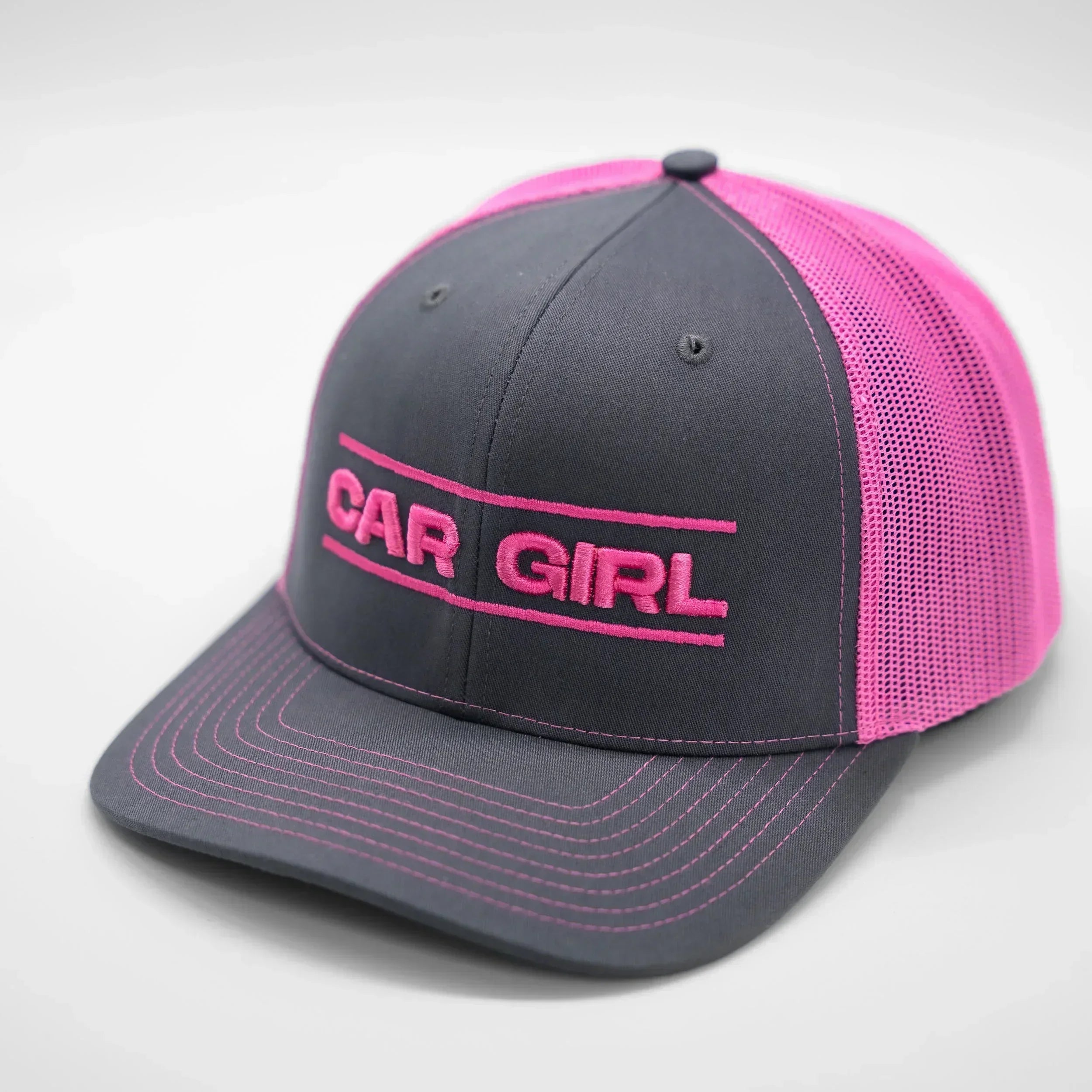 Gray and pink cap with 'CAR GIRL' text on a white background