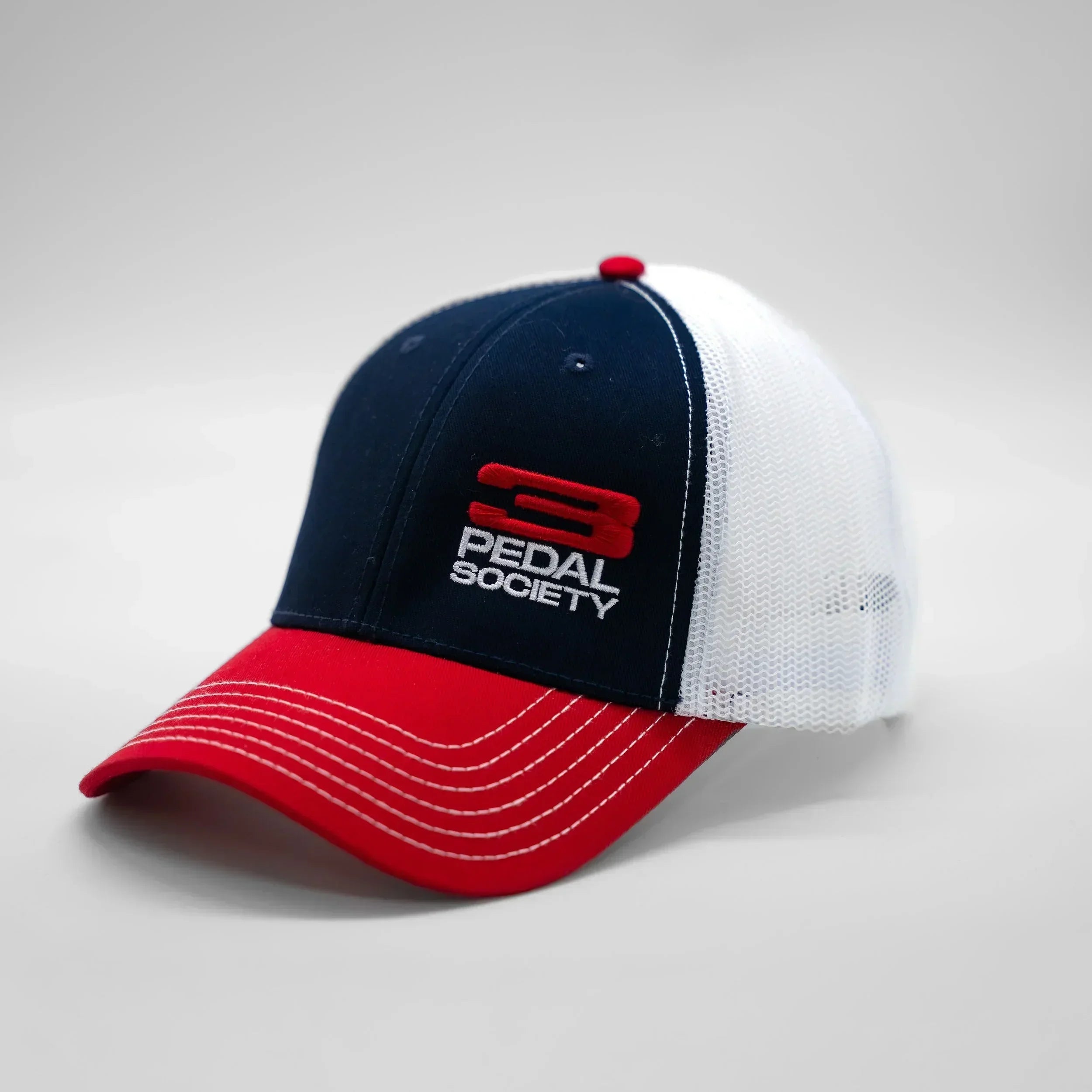 3 pedal society hat in red and blue