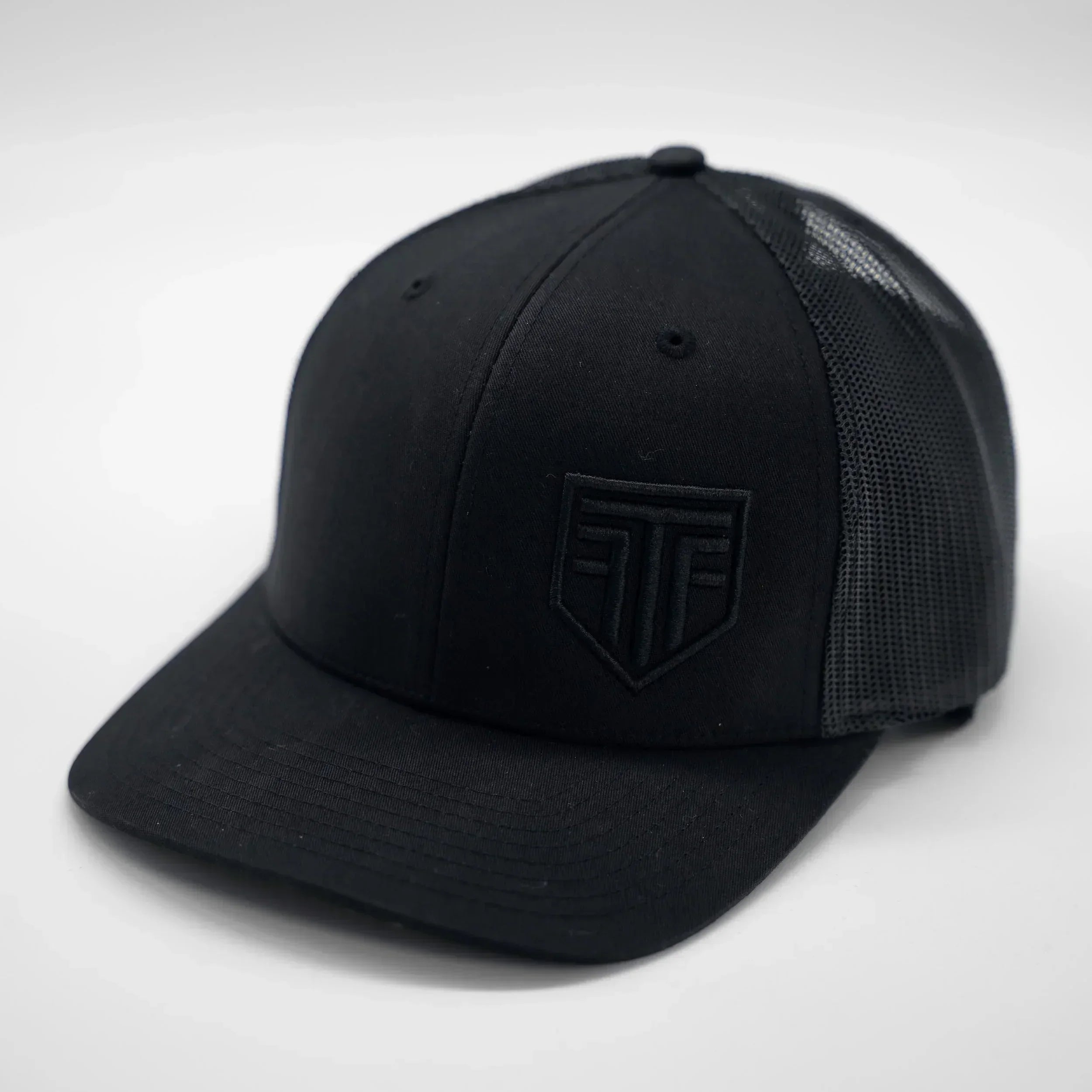 Black cap with a logo on a white background