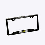 Black license plate frame with text and logos on a white background