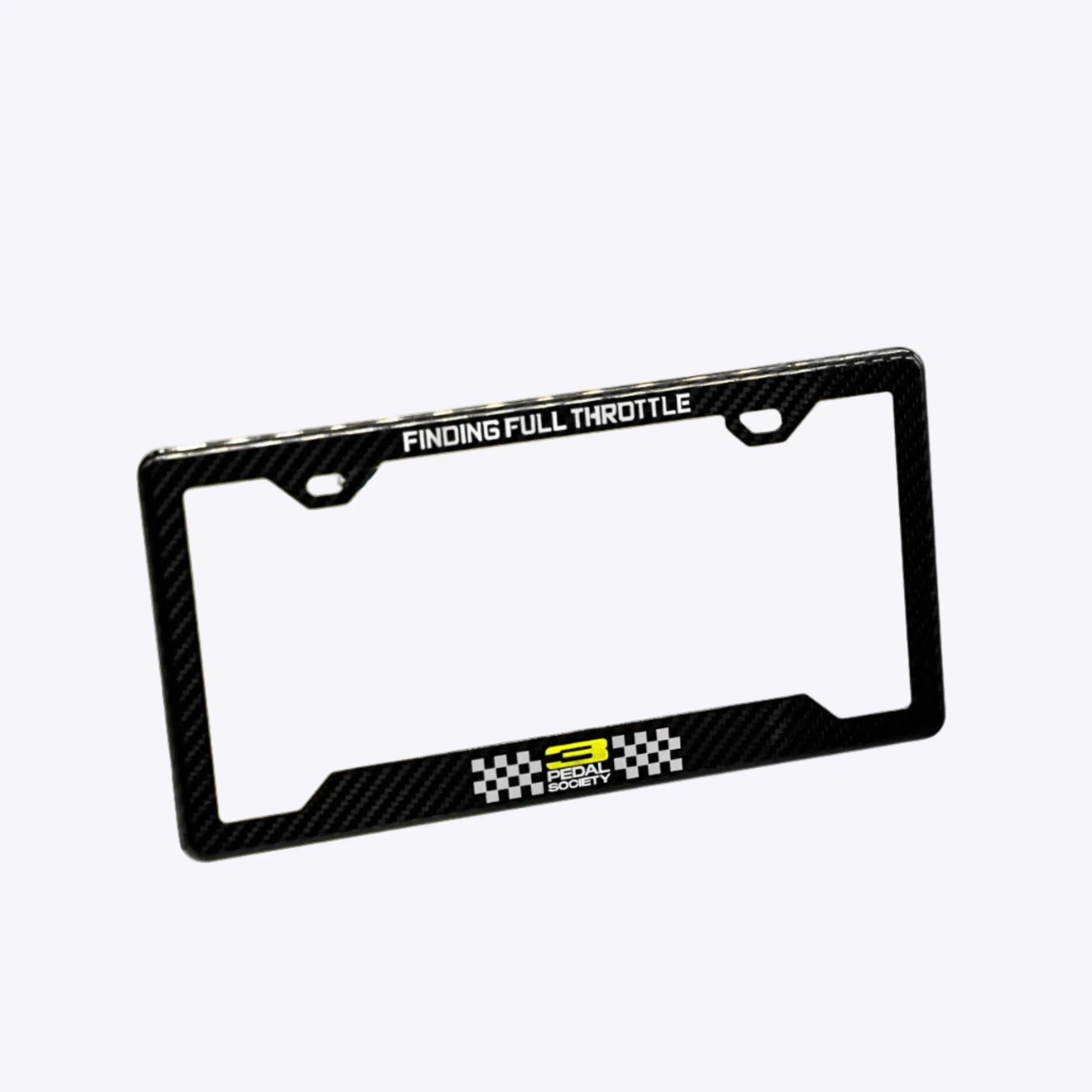 Black license plate frame with text and logos on a white background