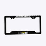 Black license plate frame with text and logos on a white background