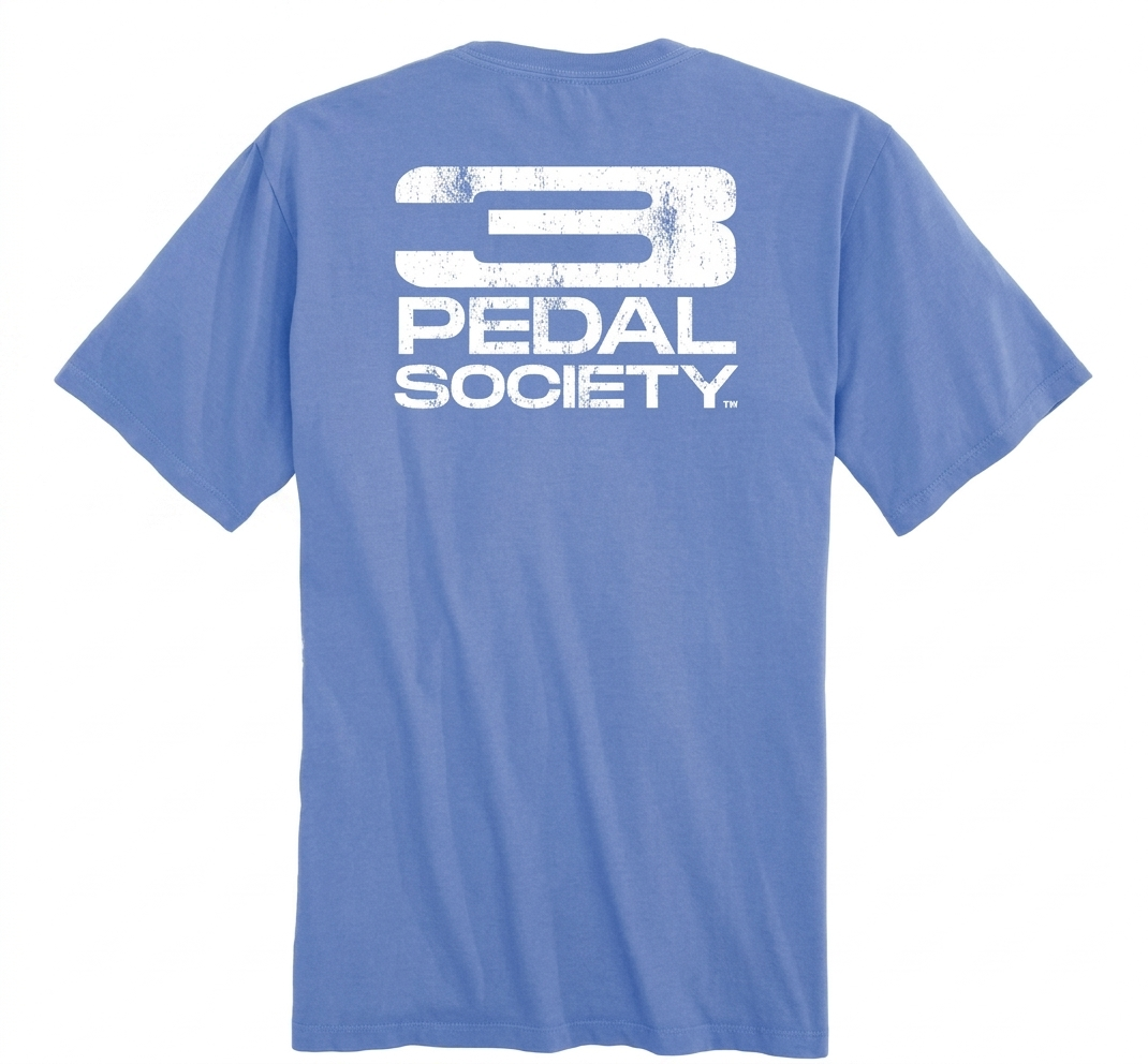Blue t-shirt with 'Pedal Society' logo on the back against a white background