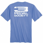 Blue t-shirt with 'Pedal Society' logo on the back against a white background