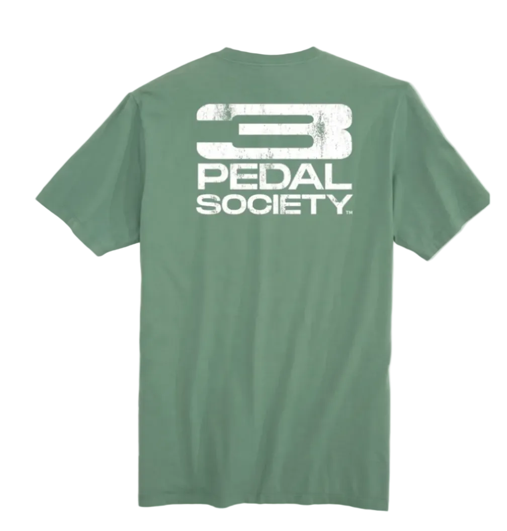 Green t-shirt with 'Pedal Society' logo on the back against a white background