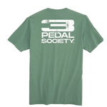 Green t-shirt with 'Pedal Society' logo on the back against a white background