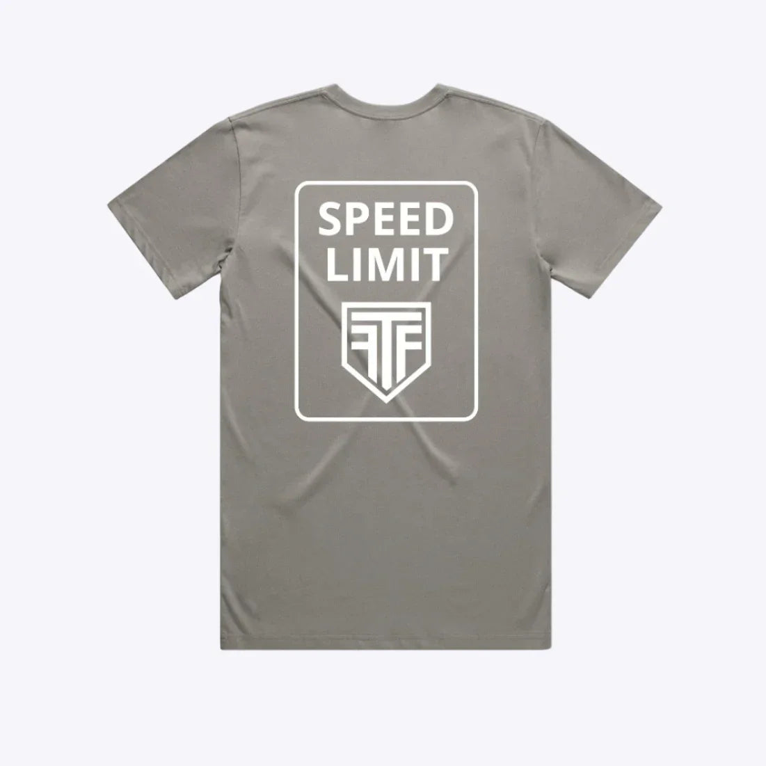 Gray t-shirt with 'SPEED LIMIT' and logo on the back against a white background