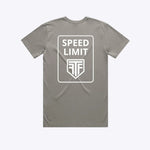 Gray t-shirt with 'SPEED LIMIT' and logo on the back against a white background