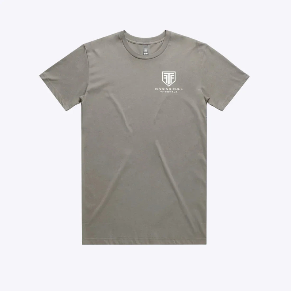Gray t-shirt with a logo on a white background