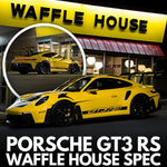 Yellow Porsche GT3 RS in front of a Waffle House restaurant