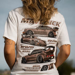 A person viewed from behind wearing a white graphic T-shirt with a large back print featuring three brown sports cars and the word 'MAVERICK'.