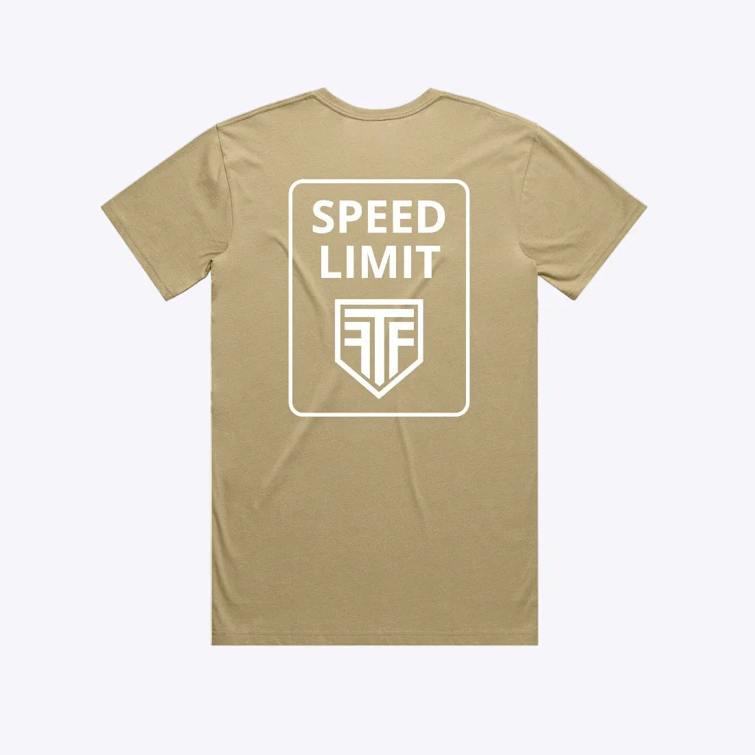 Beige t-shirt with 'Speed Limit' logo on the back against a white background