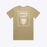 Beige t-shirt with 'Speed Limit' logo on the back against a white background
