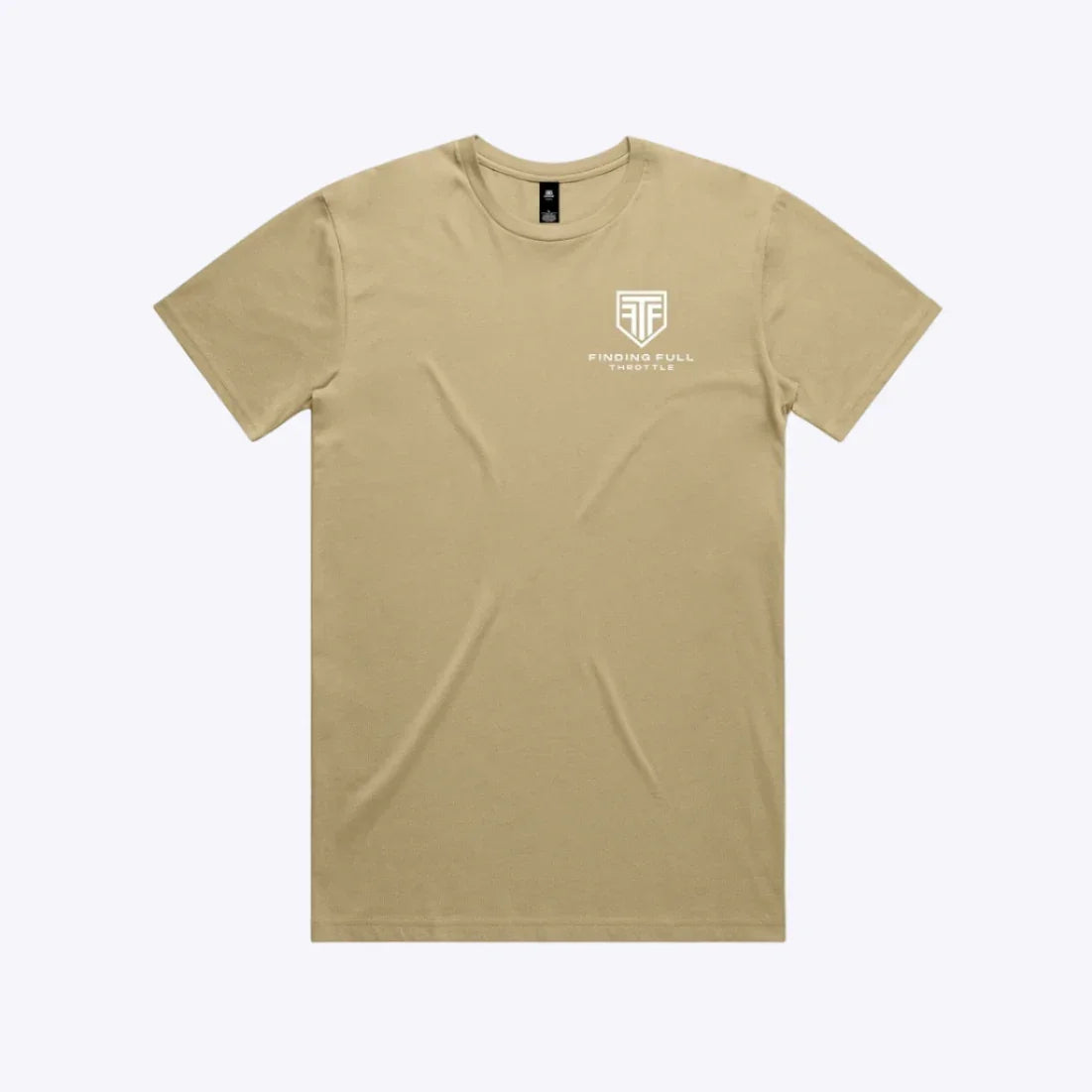 Beige t-shirt with a logo on a white background