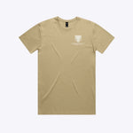Beige t-shirt with a logo on a white background