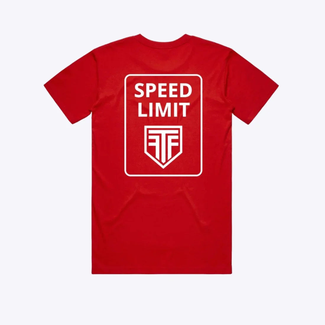 Red t-shirt with a 'Speed Limit' graphic on a white background