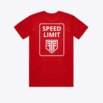 Red t-shirt with a 'Speed Limit' graphic on a white background