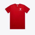 Red t-shirt with a logo on a white background