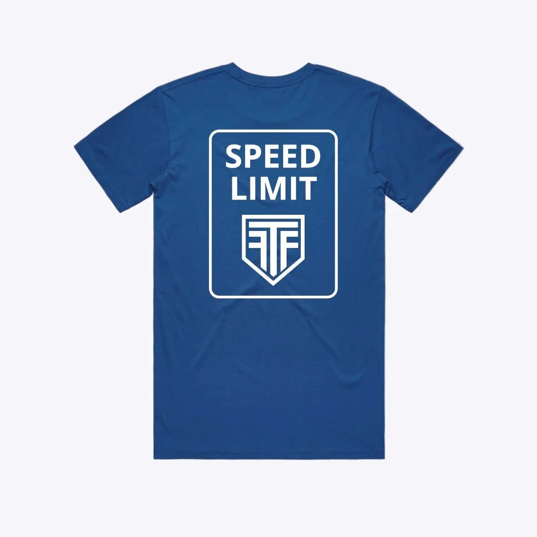 Blue t-shirt with 'Speed Limit' graphic on a white background