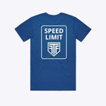Blue t-shirt with 'Speed Limit' graphic on a white background