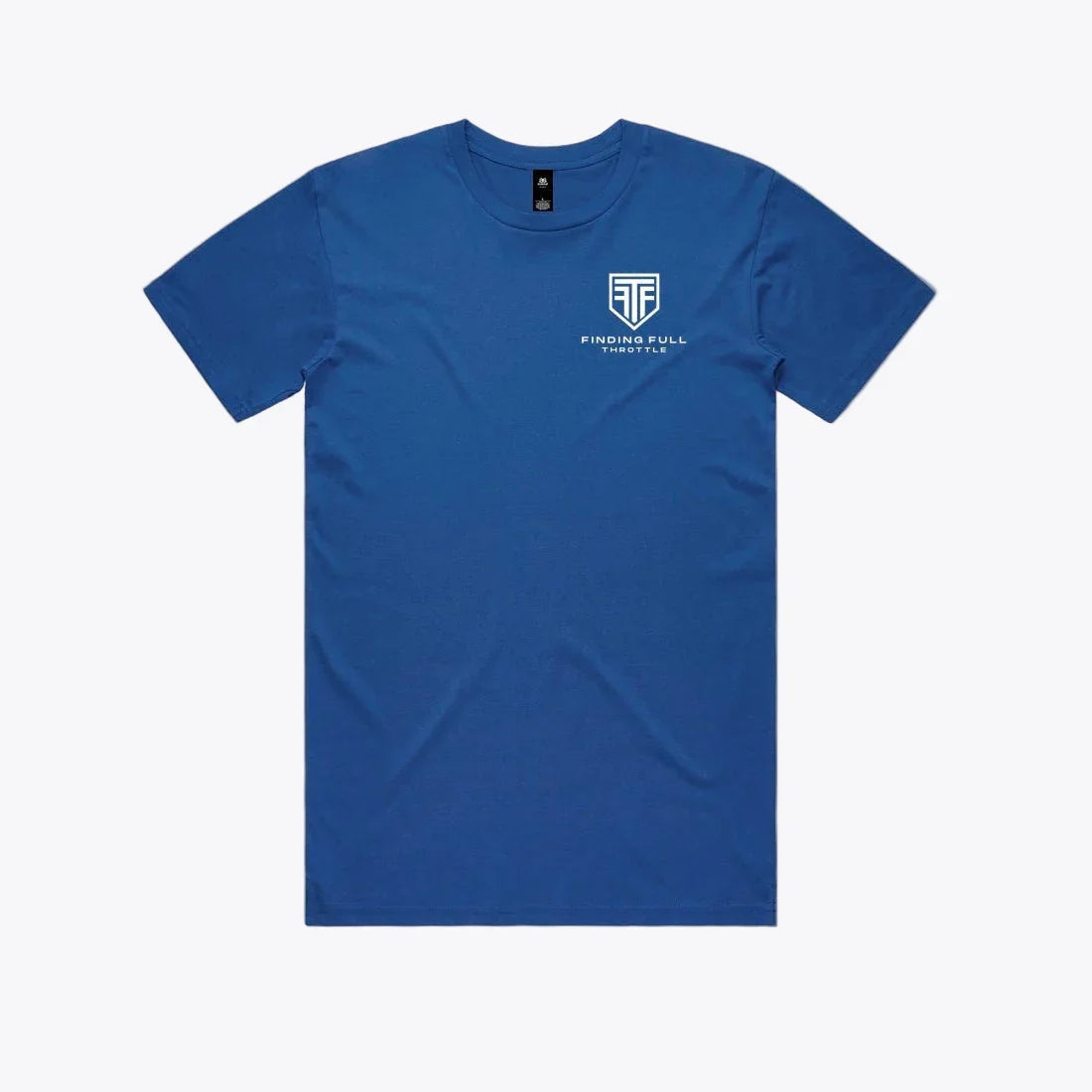 Blue t-shirt with a logo on a white background