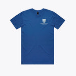 Blue t-shirt with a logo on a white background